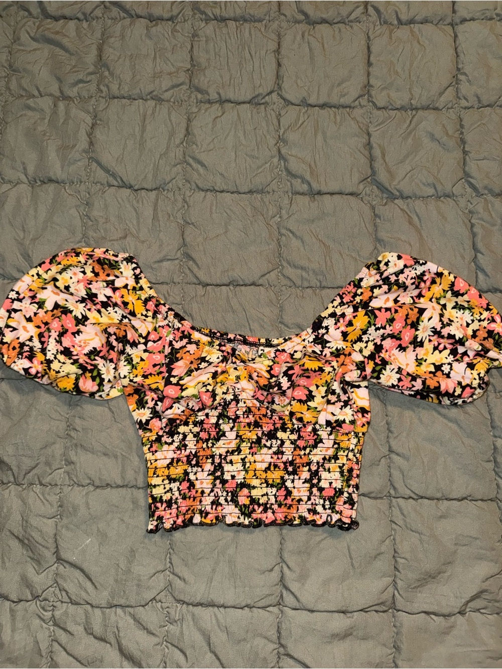 Billabong Black Floral Puff-Sleeve Smocked Crop Top with Pink and Yellow Flowers